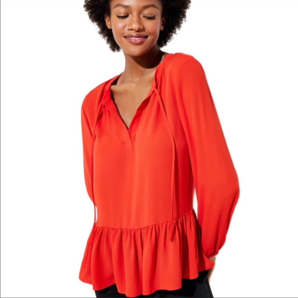 LOFT Boho Tie Neck Flounce Red Top NWT